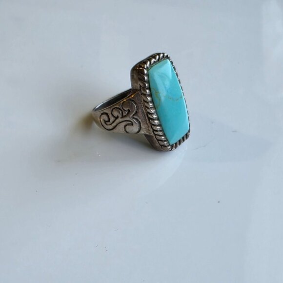 Vintage Silver Turquoise Ring 8 Engrave Twisted Rope Southwestern Santa Fe 925 - Picture 8 of 8